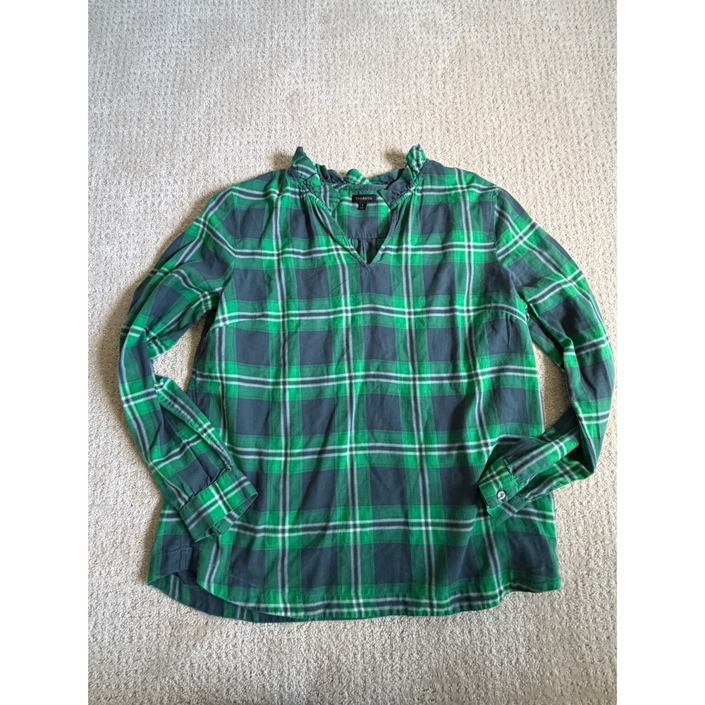 Talbots Blouse L Green Plaid Ruffle Neck Cotton Long Sleeve Heritage Cabin